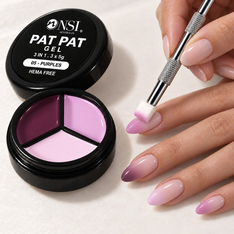Pat Pat Gel 3 Colour - 05 Purples mini palette with a claw tool and sponge patting purple ombre onto almond nails