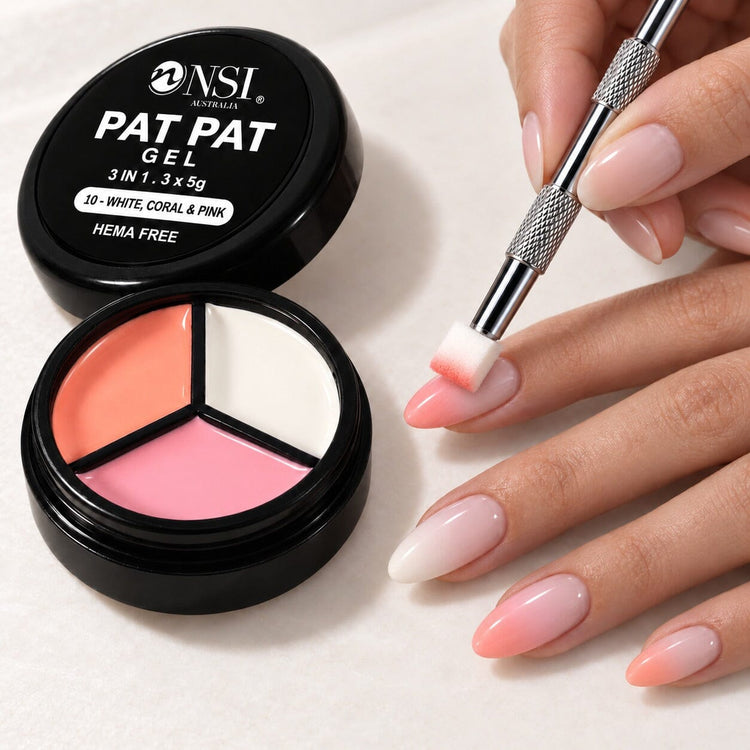 Pat Pat Gel 3 Colour - 10 White, Coral & Pink mini palette with a claw tool and sponge patting pink and white ombre onto almond nails