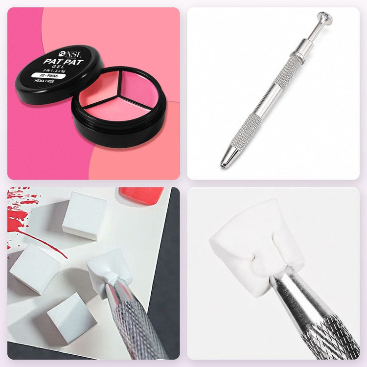 Pat Pat Gel mini jar, 3 colours, set 02 Pinks, kit with Claw Grabber Tool and 50 white cube sponges
