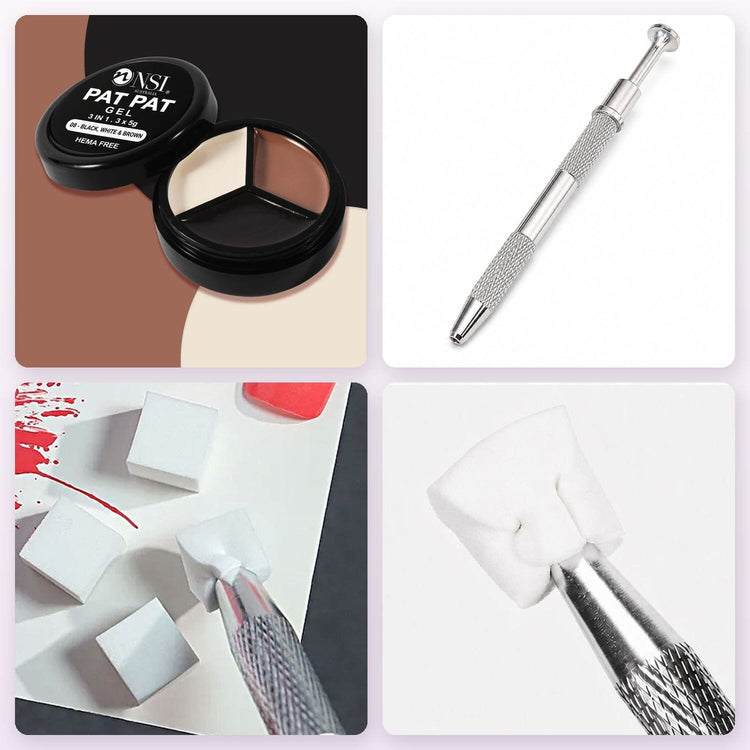 Pat Pat Gel mini jar, 3 colours, set 08 Black, White & Brown, kit with Claw Grabber Tool and 50 white cube sponges