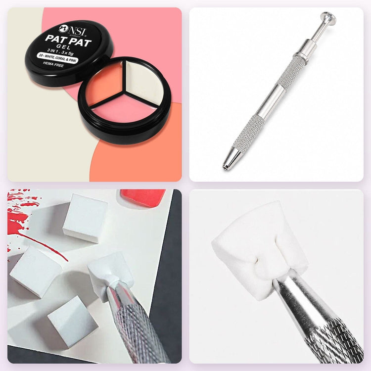 Pat Pat Gel mini jar, 3 colours, set 10 White, Coral & Pink, kit with Claw Grabber Tool and 50 white cube sponges