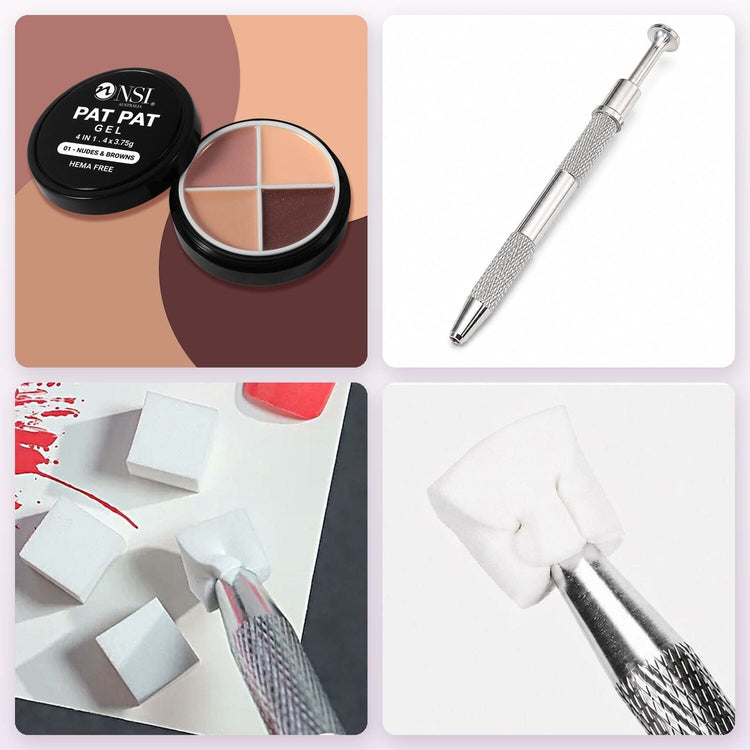 Pat Pat Gel mini jar, 4 colours, set 01 Nudes & Browns, kit with Claw Grabber Tool and 50 white cube sponges
