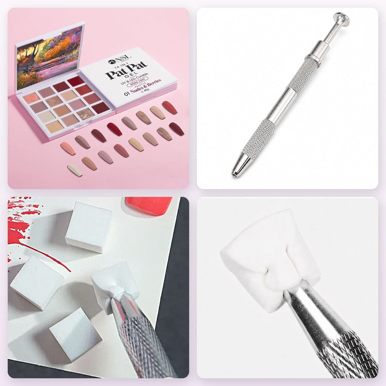 Pat Pat Gel Palette 16 colours, set 01 Nudes & Berries, kit with Claw Grabber Tool and 50 white cube sponges