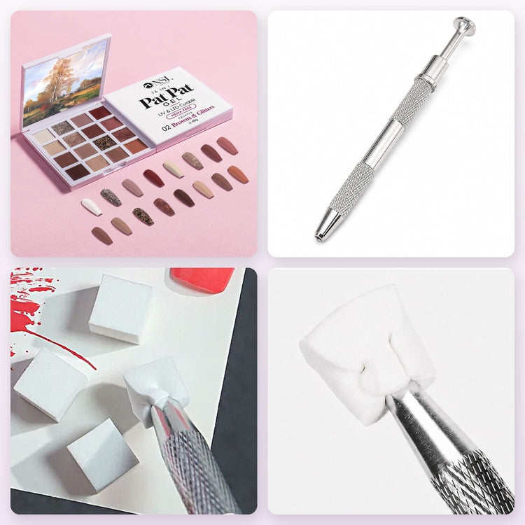 Pat Pat Gel Palette 16 colours, set 02 Browns & Glitters, kit with Claw Grabber Tool and 50 white cube sponges