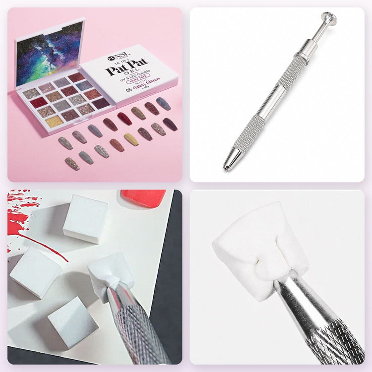 Pat Pat Gel Palette 16 colours, set 05 Galaxy Glitters, kit with Claw Grabber Tool and 50 white cube sponges