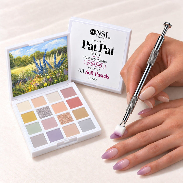 Pat Pat Gel Palette 16 colours 03 Soft Pastels kit: claw tool and cube sponge patting soft lilac ombre onto almond nails
