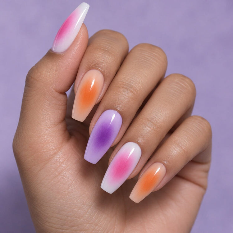 Coffin nails with aura fades: pink on white, orange on nude and purple on lilac
