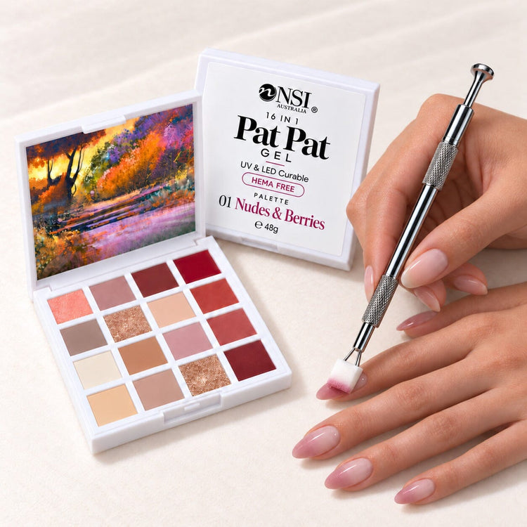 Pat Pat Gel 16-colour palette with the claw tool and a cube sponge, patting nude and berry ombre onto almond nails