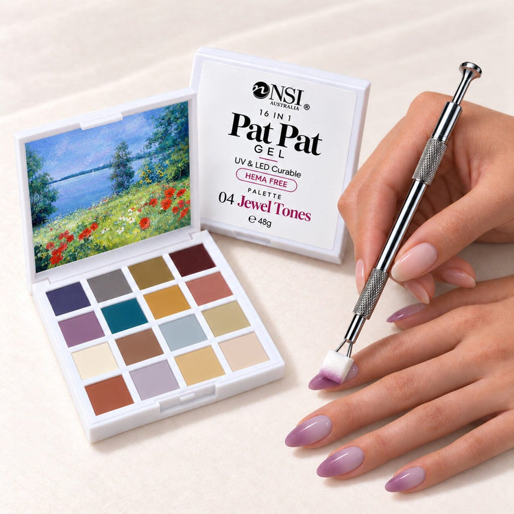Pat Pat Gel Palette 16 colours, set 04 Jewel Tones, with the claw tool and a cube sponge patting purple ombre onto almond nails