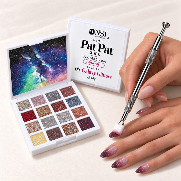 Pat Pat Gel Palette 16 colours, set 05 Galaxy Glitters, with the claw tool and a cube sponge patting berry glitter ombre onto almond nails