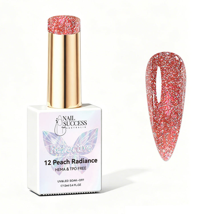 Nail Success Australia Peach Radiance reflective glitter gel polish bottle with glossy peach nail colour swatch