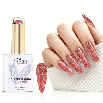 Peach Radiance reflective gel polish with peach coral glitter swatch and matching manicure for HEMA and TPO free salon nails