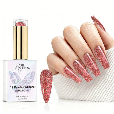 Peach Radiance reflective gel polish with peach coral glitter swatch and matching manicure for HEMA and TPO free salon nails