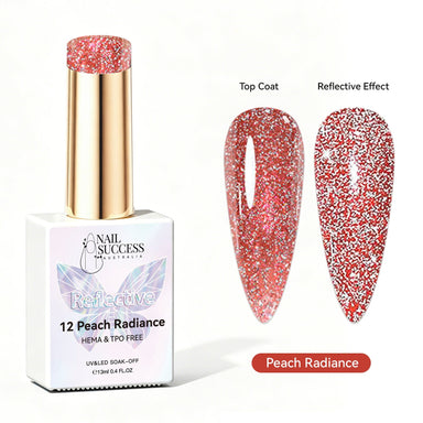Nail Success Australia Peach Radiance reflective glitter gel polish with top coat and reflective effect swatches