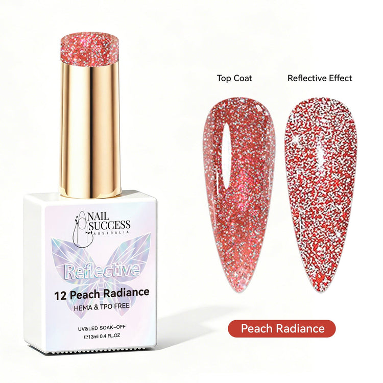 Nail Success Australia Peach Radiance reflective glitter gel polish with top coat and reflective effect swatches