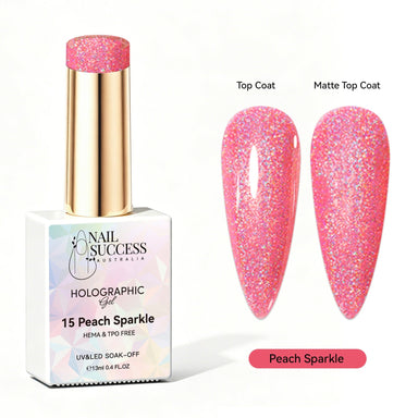Nail Success Australia Peach Sparkle holographic gel polish with top coat and matte top coat swatches