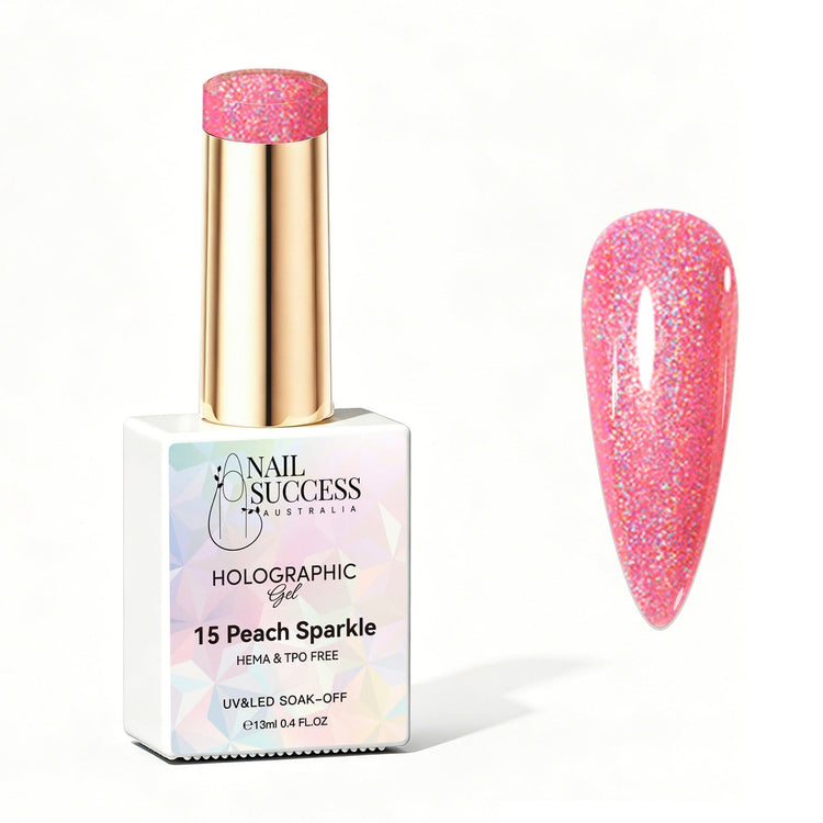 Nail Success Australia Peach Sparkle holographic gel polish bottle with glossy peach pink holographic nail colour swatch