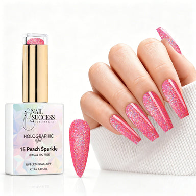 Peach Sparkle holographic gel polish with peach pink glitter swatch and matching manicure for HEMA and TPO free salon nails