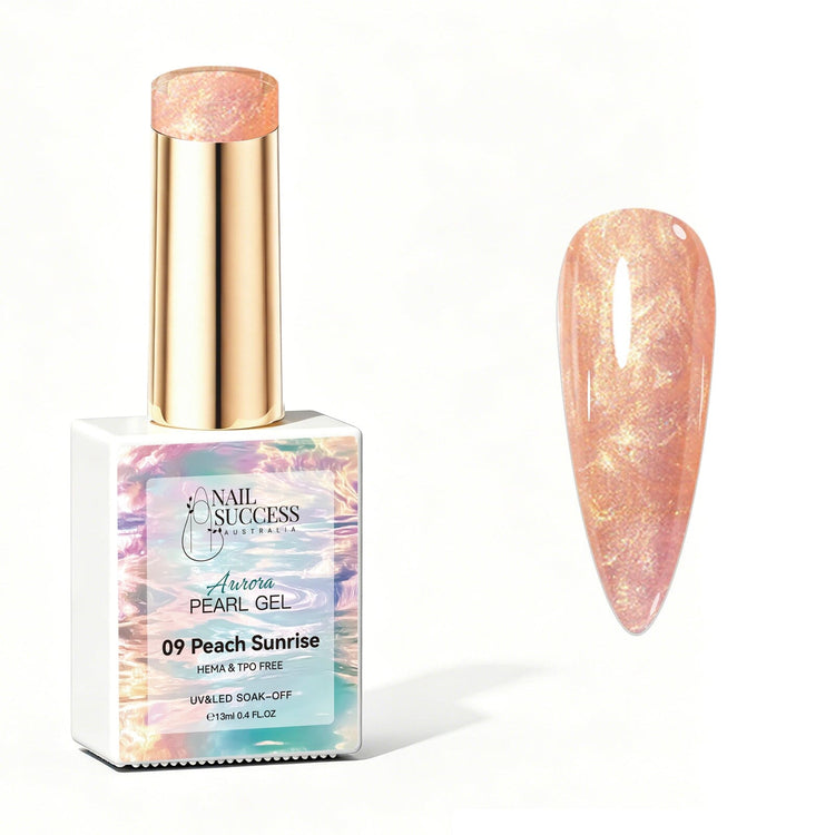 Peach Sunrise Aurora Pearl Gel Polish with peach pearl shimmer swatch and glossy nail finish