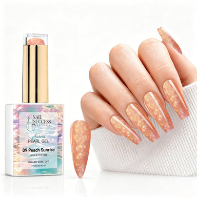 Peach Sunrise aurora pearl gel polish with peach pearl shimmer swatch and matching manicure for HEMA and TPO free salon nails
