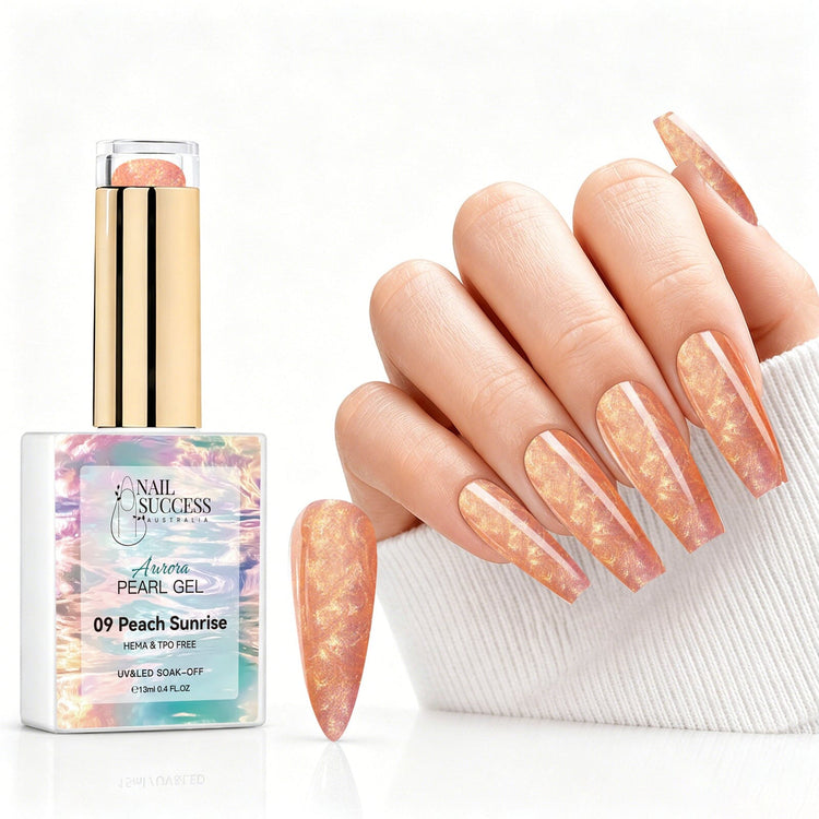 Peach Sunrise aurora pearl gel polish with peach pearl shimmer swatch and matching manicure for HEMA and TPO free salon nails
