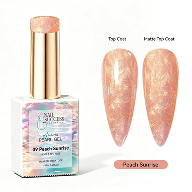Peach Sunrise Aurora Pearl Gel Polish with peach pearl shimmer swatches in top coat and matte finish
