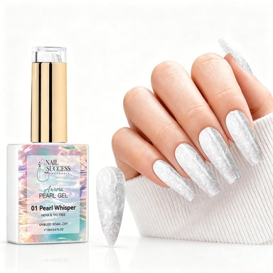 Pearl Whisper aurora pearl gel polish with white pearl shimmer swatch and matching manicure for HEMA and TPO free salon nails