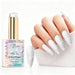 Pearl Whisper aurora pearl gel polish with white pearl shimmer swatch and matching manicure for HEMA and TPO free salon nails