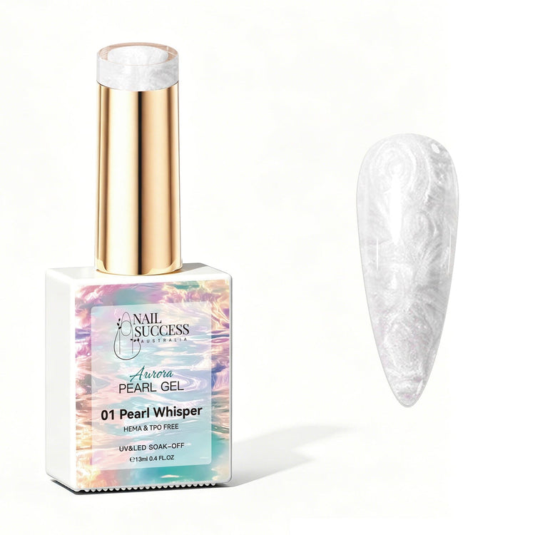 Pearl Whisper Aurora Pearl Gel Polish with white pearl shimmer swatch and glossy nail finish