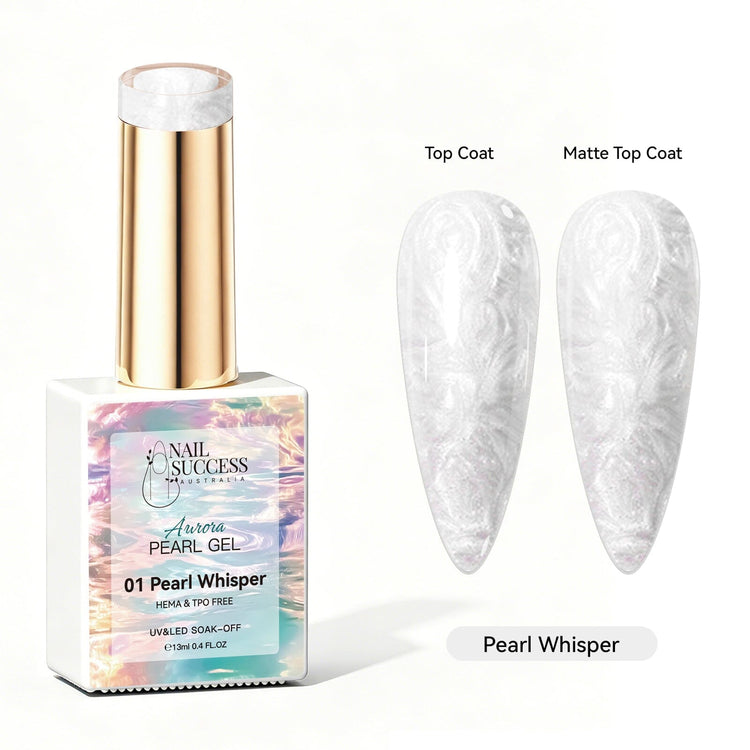 Pearl Whisper Aurora Pearl Gel Polish with white pearl shimmer swatches in top coat and matte finish