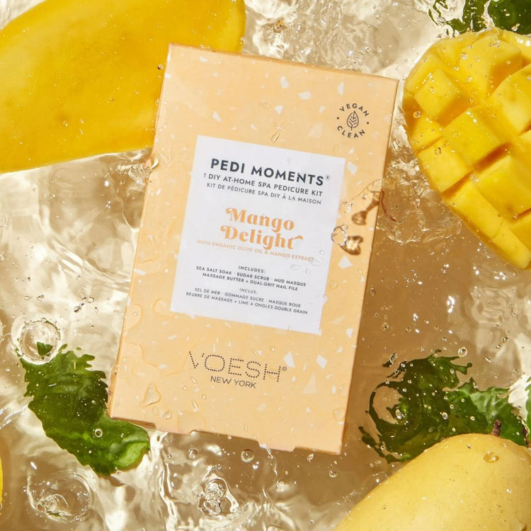 VOESH New York Pedi Moments Mango Delight at-home spa pedicure kit with fresh mango slices and water splash