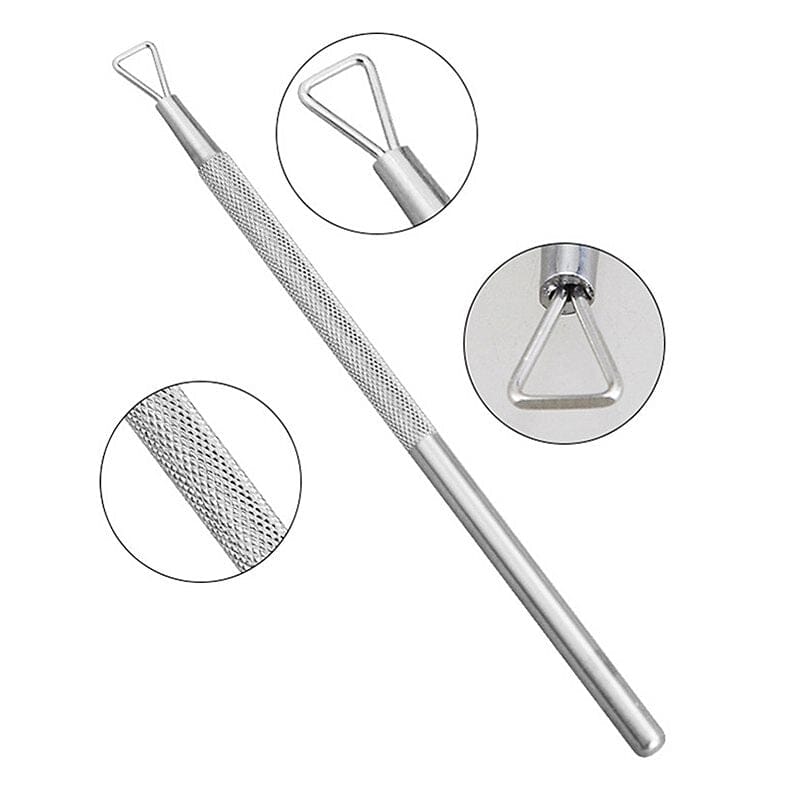 Stainless steel triangular-loop gel polish remover scraper with knurled handle — detail insets
