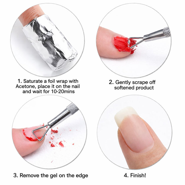 Gel polish remover scraper tool with step-by-step acetone soak-off and scraping instructions
