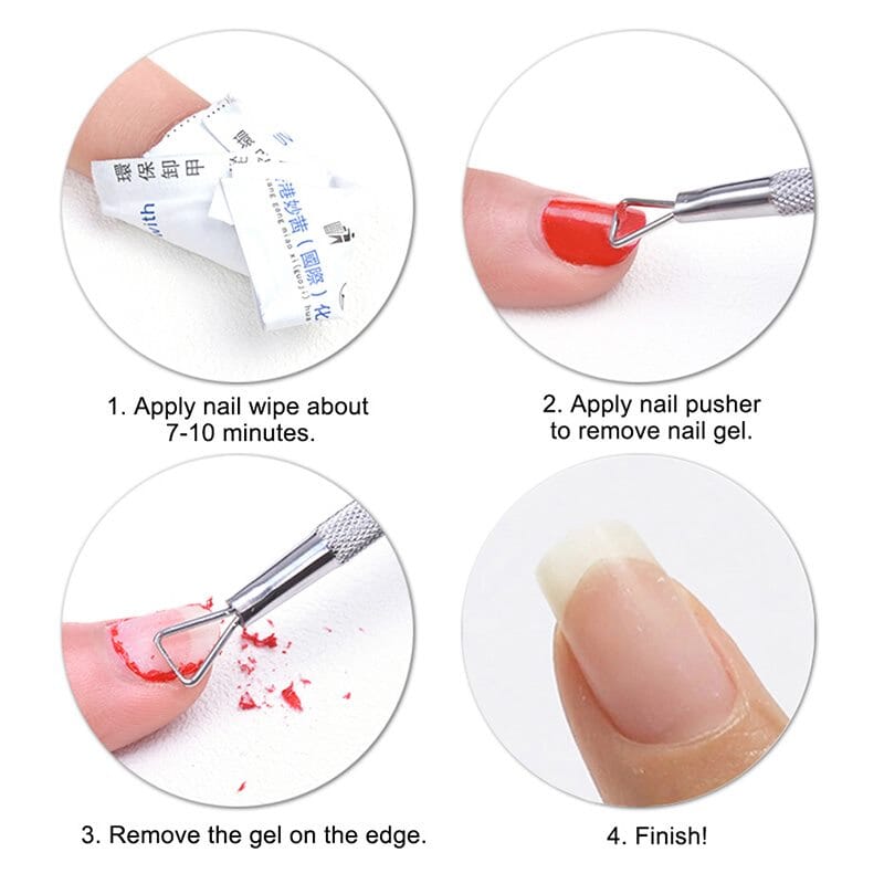 Gel polish remover steps — soak 7–10 min, scrape with triangular loop tool, clean edges, finished nail