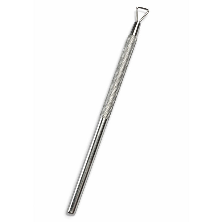Stainless steel gel polish remover peeler scraper tool with textured grip and triangular loop tip
