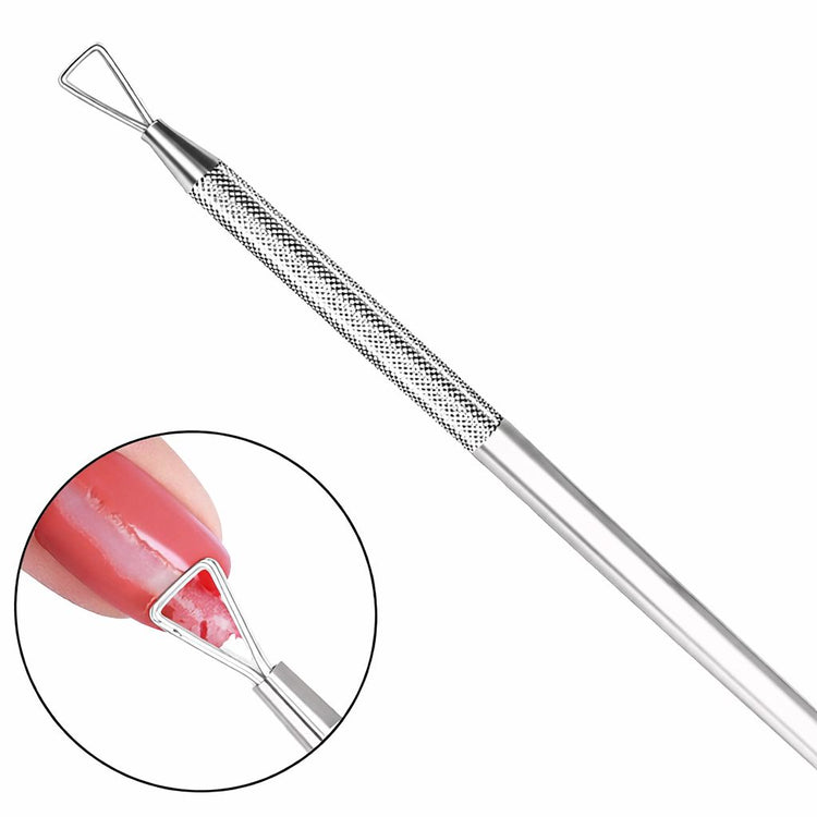 Stainless steel gel polish remover peeler scraper tool with triangular loop tip and removal example