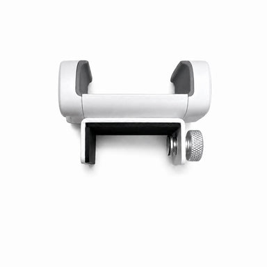 White adjustable phone holder attachment with padded grips and screw clamp for a Half Moon Nail Lamp.
