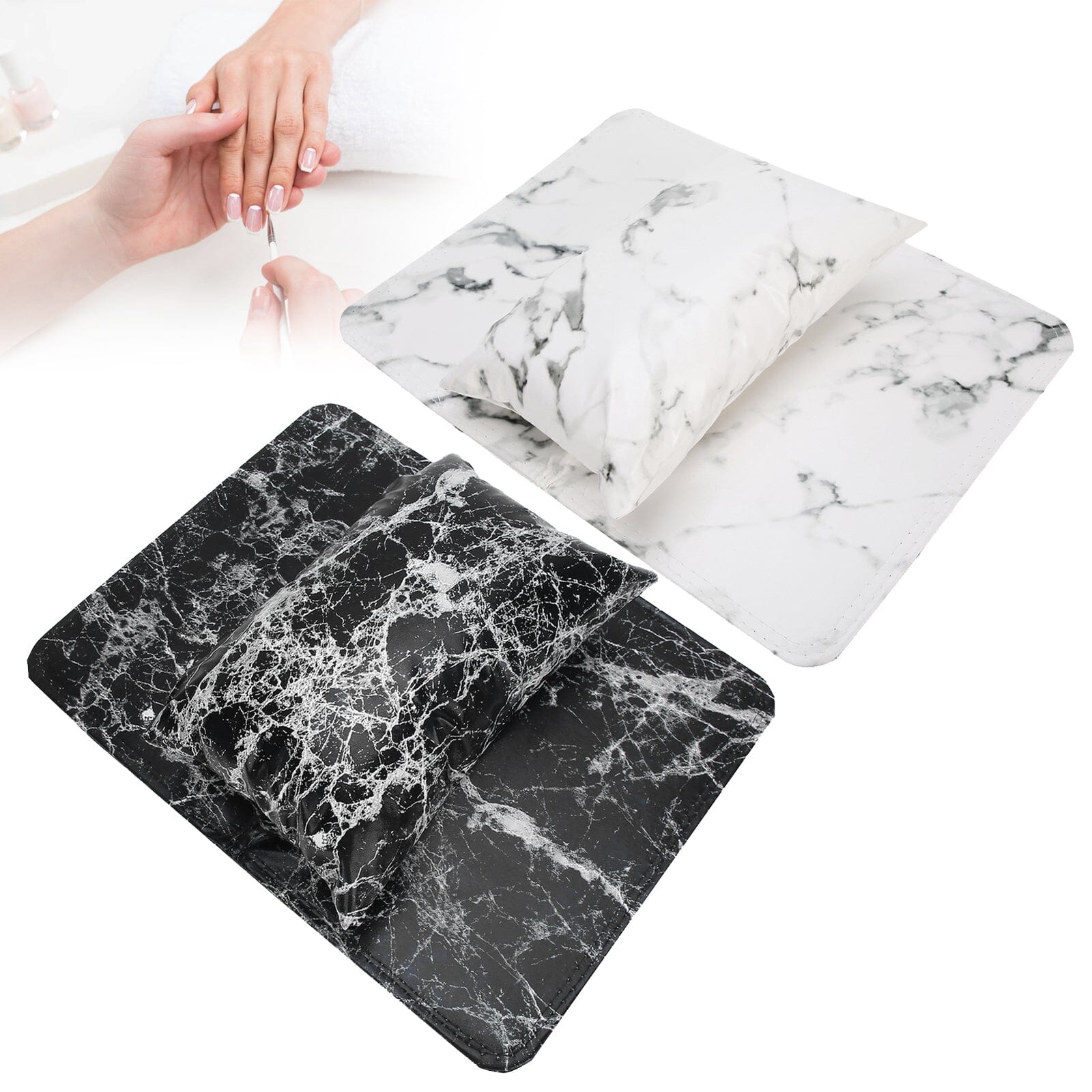 Marble-style manicure arm rest pillow and table mat set — black & white — salon nail accessory by NSI Australia