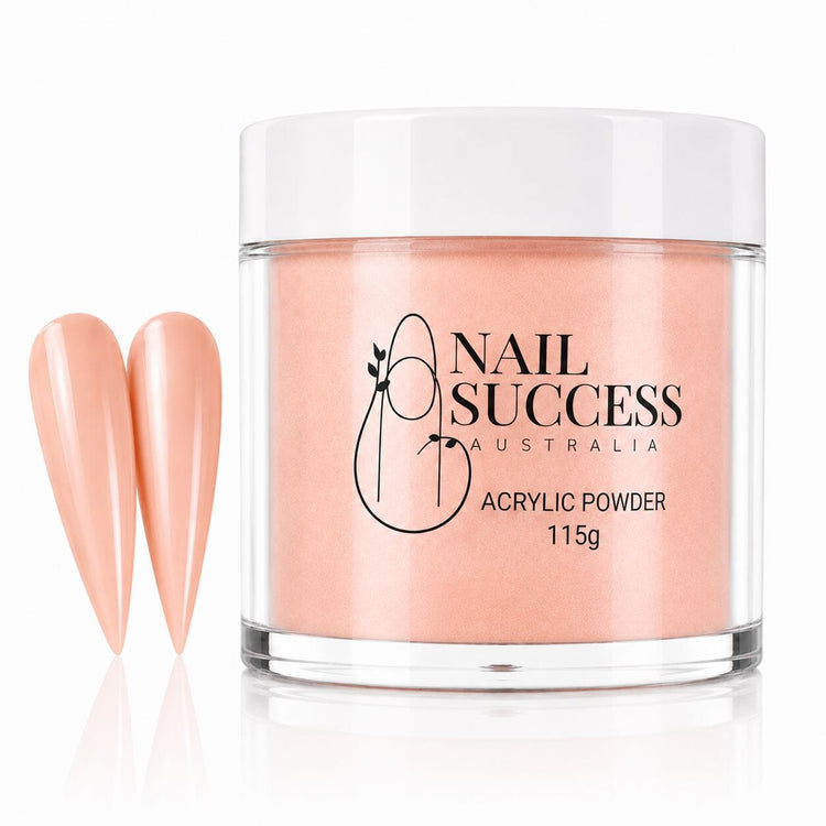 Coral pink acrylic nail powder in a 115 g tub with two matching stiletto nail swatches – Nail Success Australia