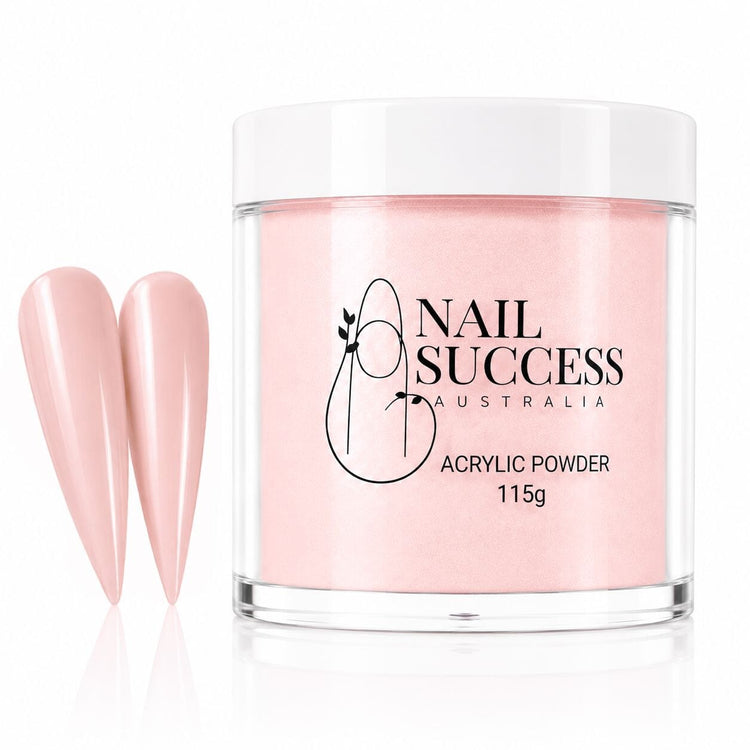 Peach Blush 20 crème acrylic nail powder in a 115 g tub with two matching stiletto nail swatches – Nail Success Australia