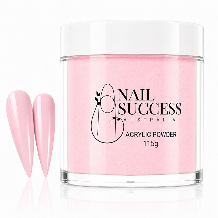 Purely Pink Masque 20 Sensuelle acrylic nail powder in a 115 g tub with two matching stiletto nail swatches – Nail Success Australia