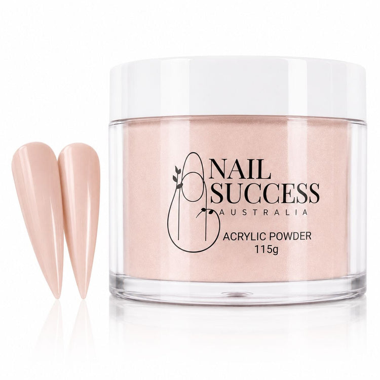 Rose Blush 20 Nude acrylic nail powder in a 115 g tub with two matching stiletto nail swatches – Nail Success Australia