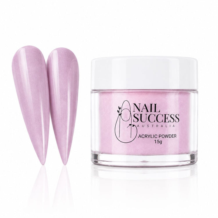 Dusty Pink 20 Passion acrylic nail powder in a 15 g jar with two matching stiletto nail swatches – Nail Success Australia