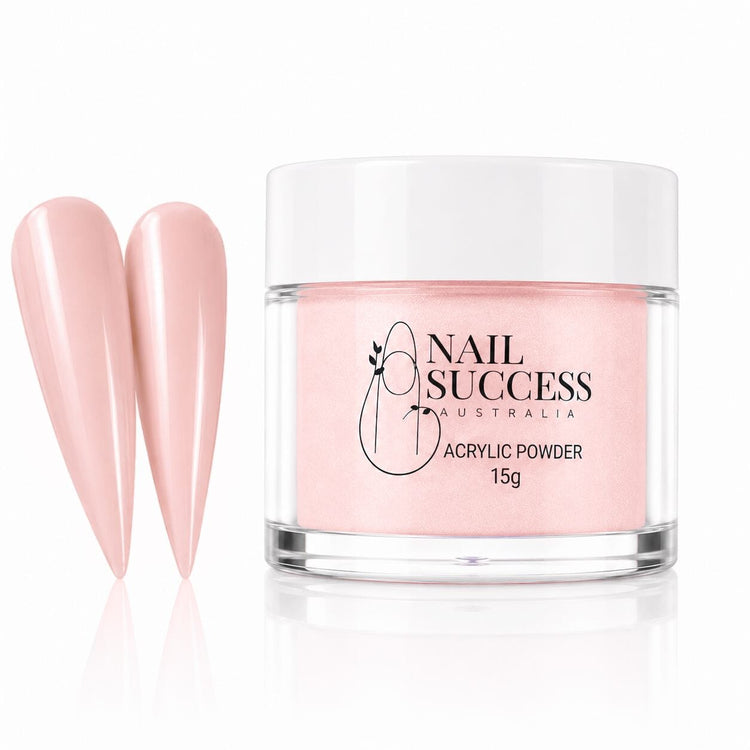 Peach Blush 20 crème acrylic nail powder in a 15 g jar with two matching stiletto nail swatches – Nail Success Australia