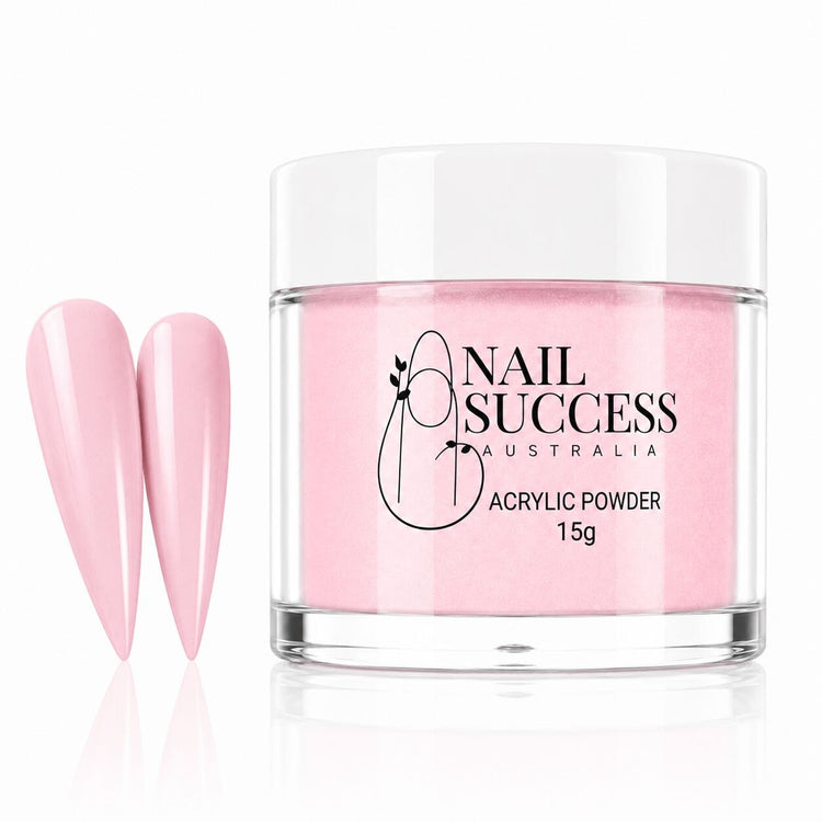 Purely Pink Masque 20 Sensuelle acrylic nail powder in a 15 g jar with two matching stiletto nail swatches – Nail Success Australia