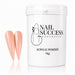 Coral pink acrylic nail powder in a 1 kg tub with two matching stiletto nail swatches – Nail Success Australia