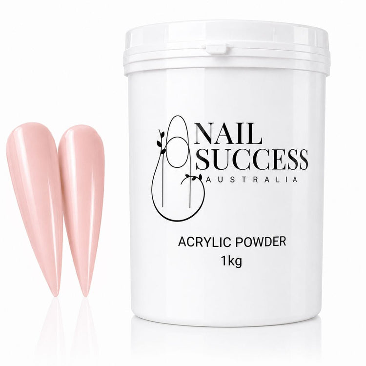 Peach Blush 20 crème acrylic nail powder in a 1 kg tub with two matching stiletto nail swatches – Nail Success Australia