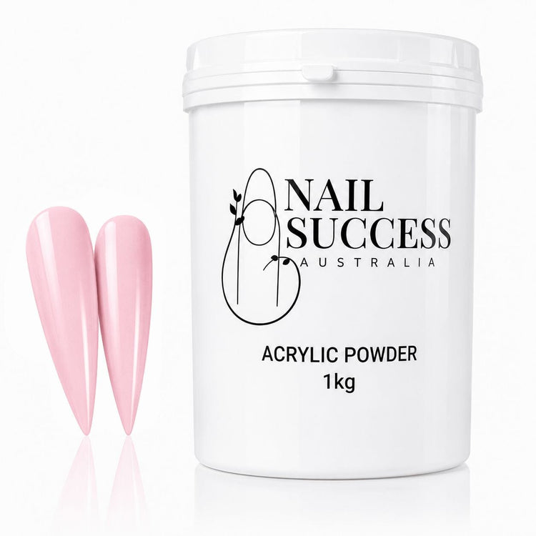 Purely Pink Masque 20 Sensuelle acrylic nail powder in a 1 kg tub with two matching stiletto nail swatches – Nail Success Australia