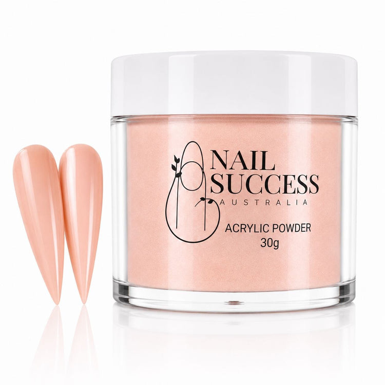 Coral pink acrylic nail powder in a 30 g tub with two matching stiletto nail swatches – Nail Success Australia