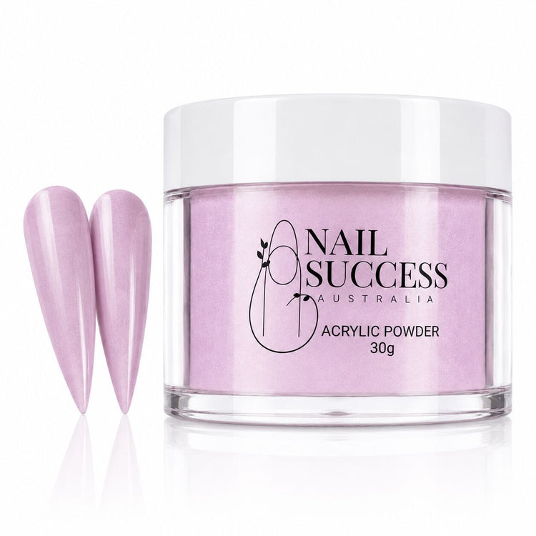 Dusty Pink 20 Passion acrylic nail powder in a 30 g tub with two matching stiletto nail swatches – Nail Success Australia
